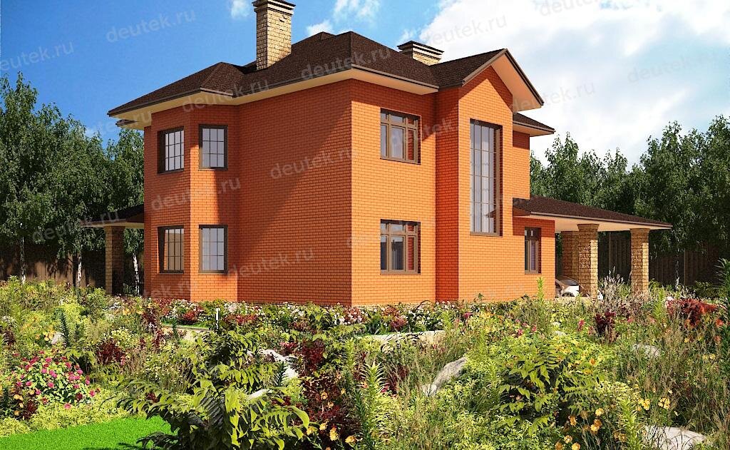 Проект двухэтажного дома 294 м2 из кирпича с подвалом, гаражом, навесом и террасой - DT0290