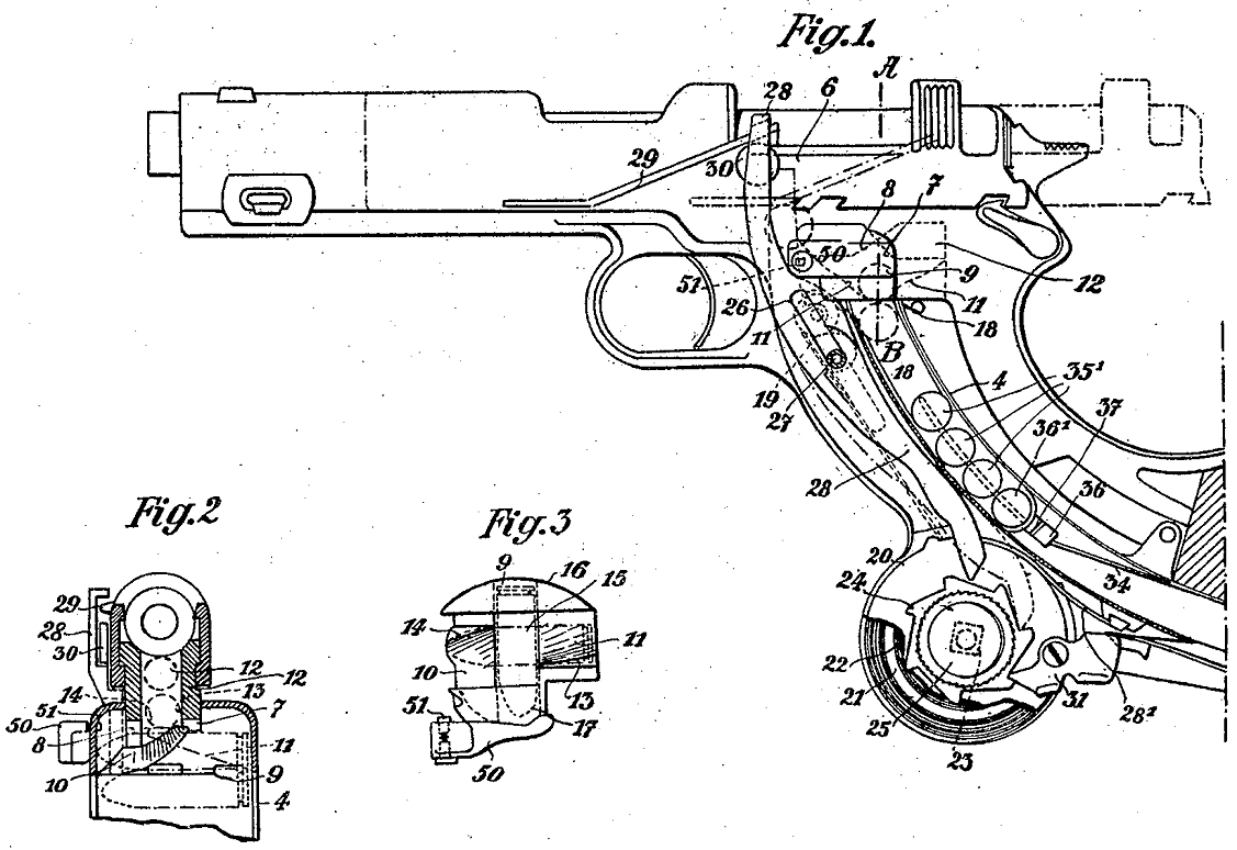 Конструкция магазина в части, примыкающей к патроннику пистолета (фиг. 1, 2 и 3).