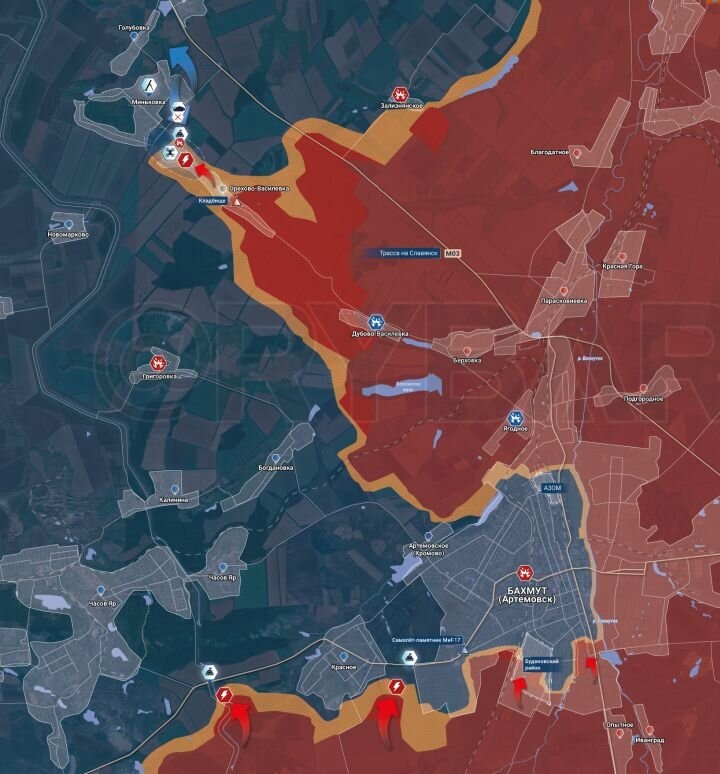 Карта боевых действий в районе Бахмута на 12 марта. Источник: t.me/rybar.