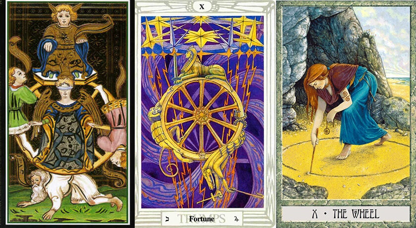 Колесо Фортуны в Таро Сфорца, Таро Тота и третья я не знаю откуда. Обратите внимание на то, насколько сильно отличаются значения, символика и дух этих карт.