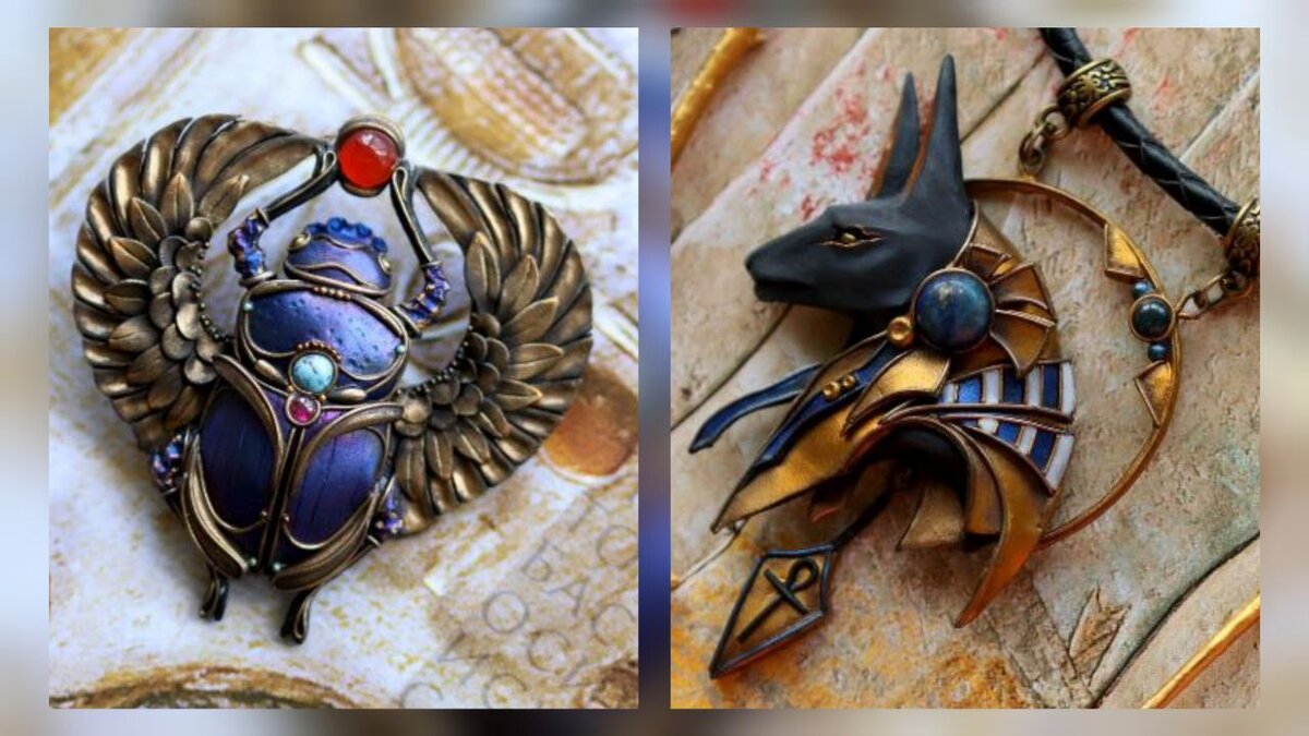 Валерия Белова - Брошь-булавка: "Scarab" (слева) и Колье: "Анубис" (справа)
