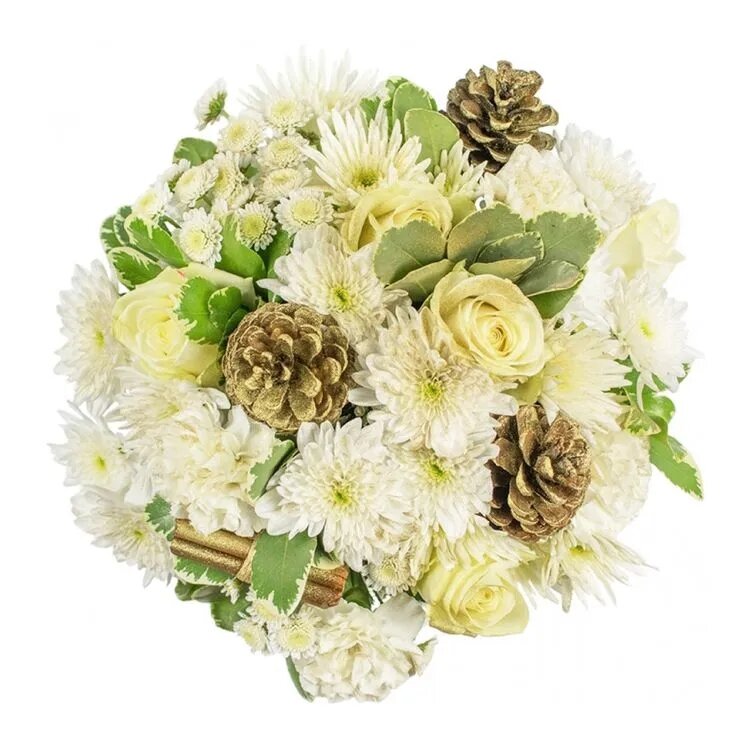 Зимний букет из белых цветов и еловых шишек