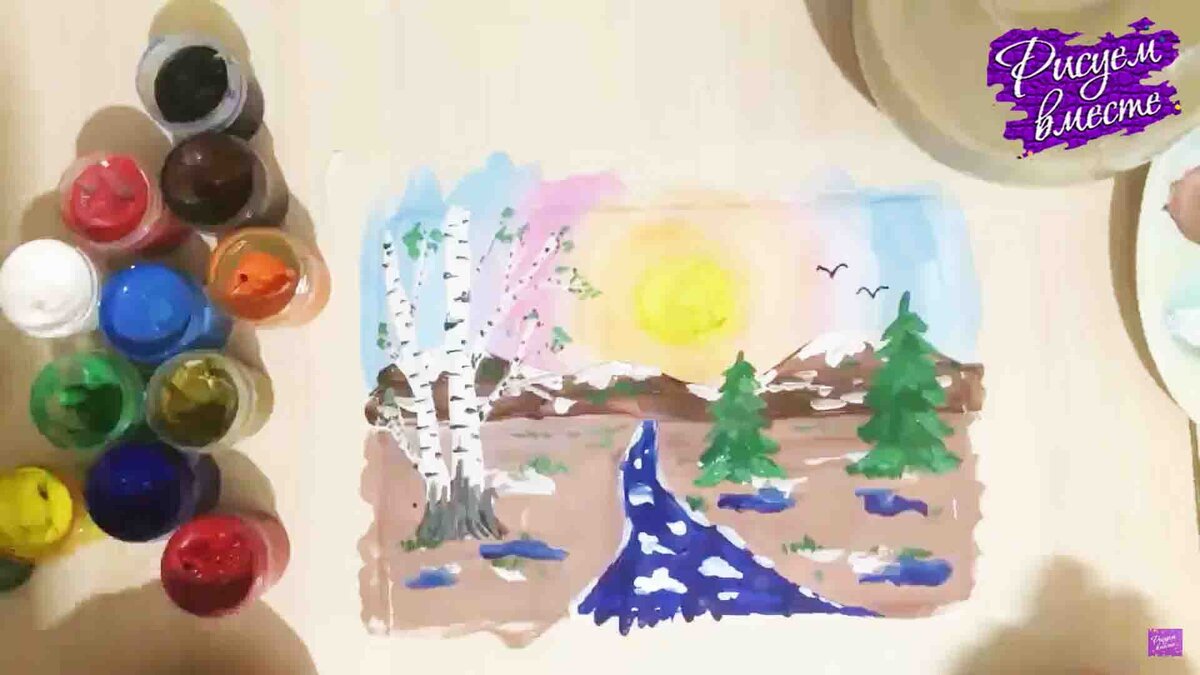 Рисуем пошагово весенний пейзаж в школу или детский сад | Рисуем вместе |  Онлайн школа рисования | Дзен