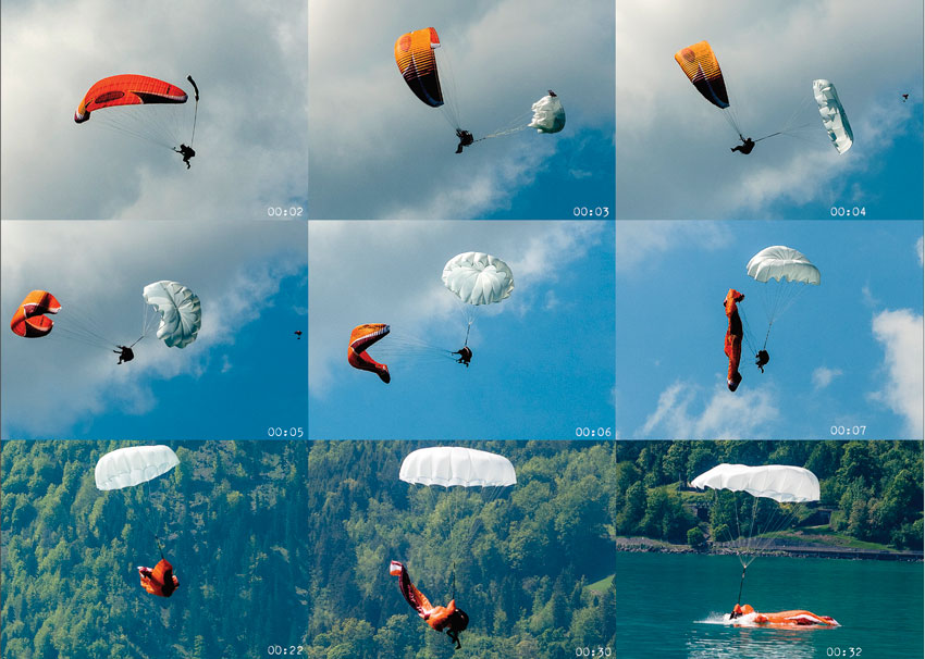 Применение парашюта на SIV курсах. Парашют наполнился на четвертой секунде после применения. Затем пилот собрал параплан и приводнился. Прошло 32 секунды. 