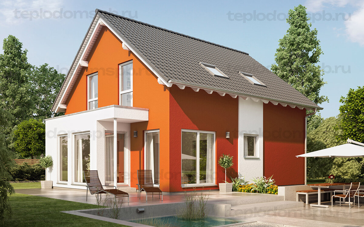 Классический дом из газобетона ЛСР D500 толщиной 375мм. Фасад из штукатурки короед. Крыша из металлочерепицы 0,5 мм.