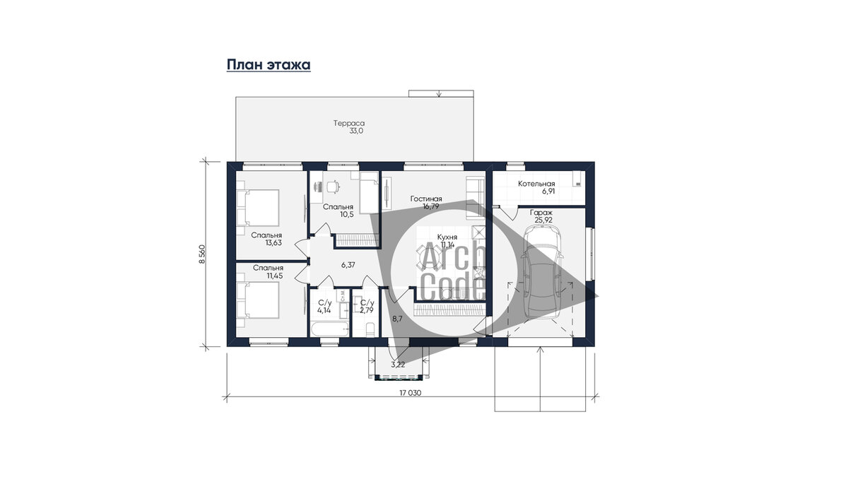 Проект одноэтажного дома с тремя спальнями и гаражом 118 м2 | ArchCode |  Проектирование домов | Дзен