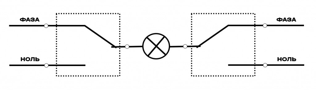 Схемы проходного и перекрестного выключателей, управление с нескольких мест | Электрика-шоп