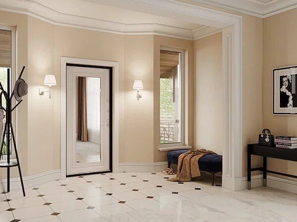 Интерьер со смешанным полом и входной дверью с зеркалом