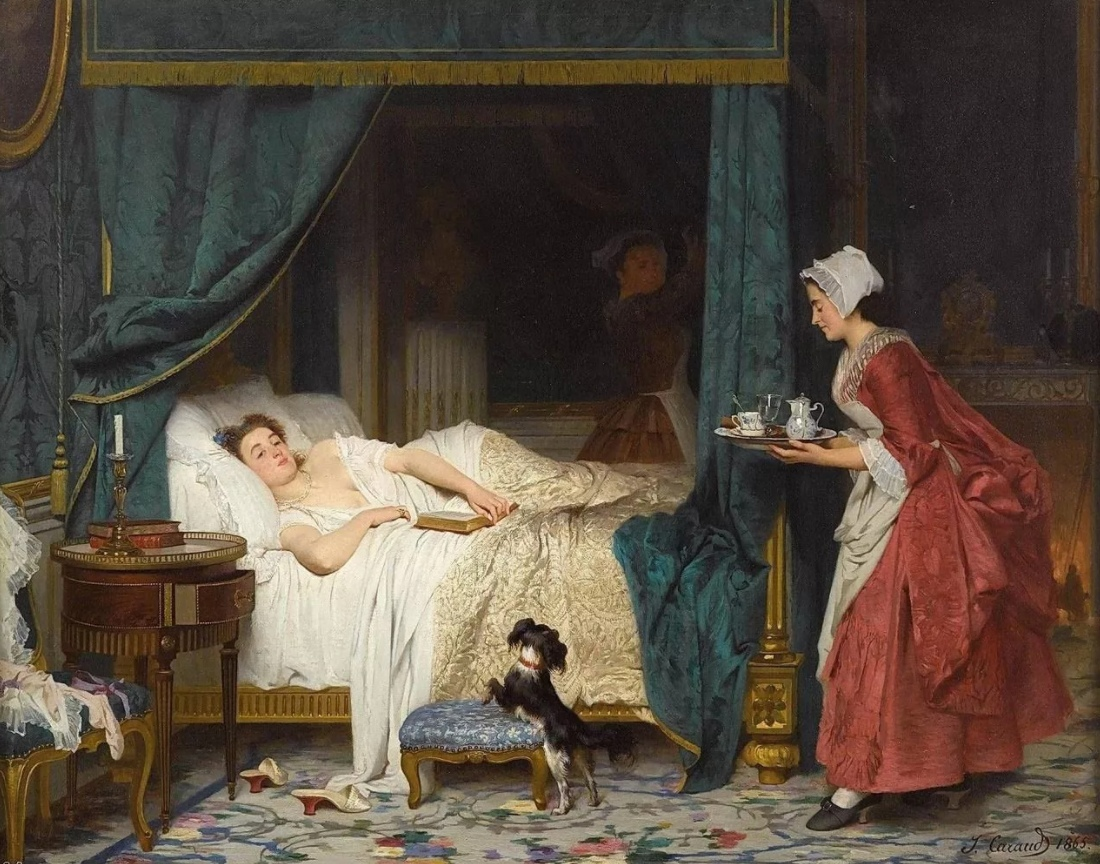 на полотне Д. Каро, как и у других художников, все убранство постели - белое 