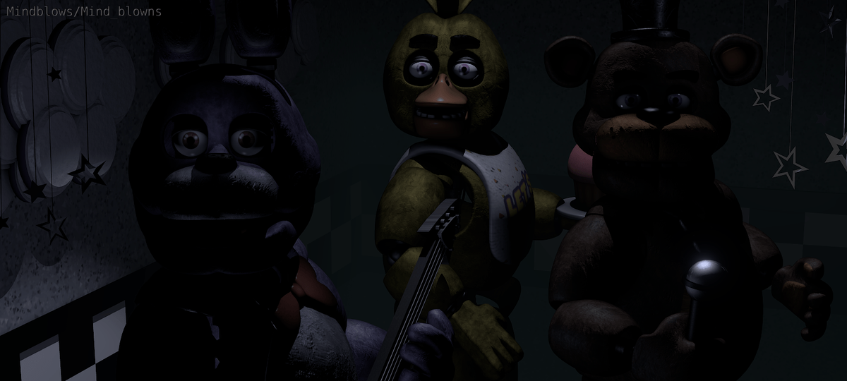 Бонни, Чика и Фредди смотрят в камеру. 