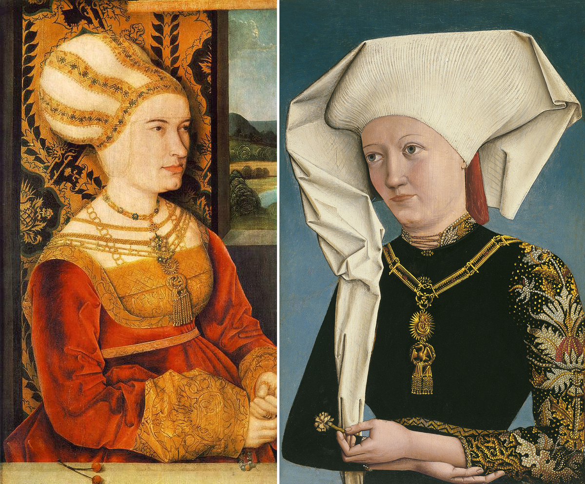 Слева - портрет Сибиллы фон Фрейнберг, Бернхард Штригель, ок. 1515, из коллекции старой пинакотеки. Справа - портрет дамы, неизв. художник из Ансбаха, ок. 1490, из коллекции Музей Тиссена-Борнемисы  