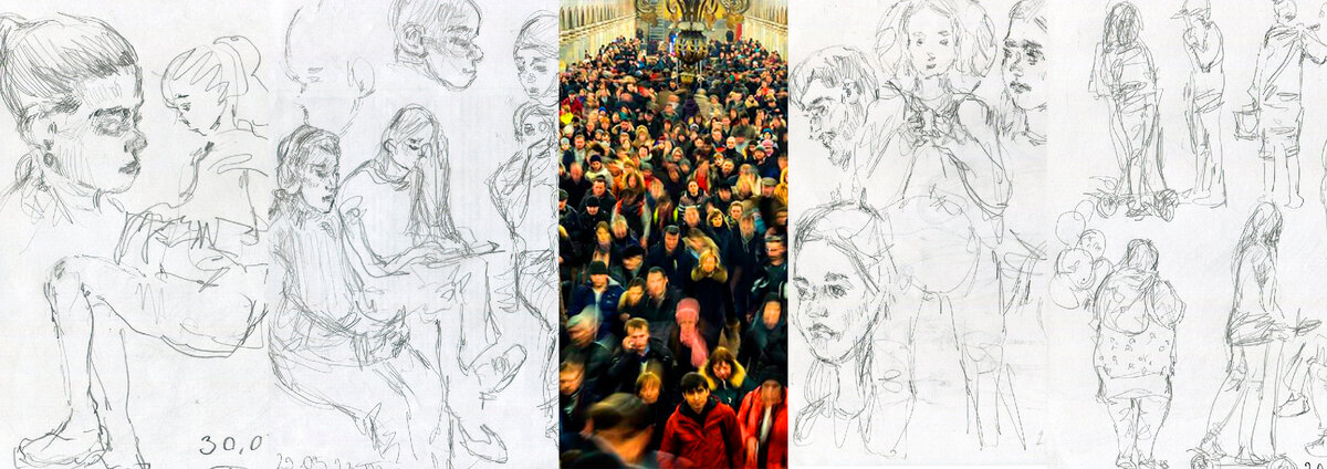 Один из способов рисовать на станции стоящих пассажиров, но интервалы электричек очень маленькие и вы можете не успеть зарисовать типажи