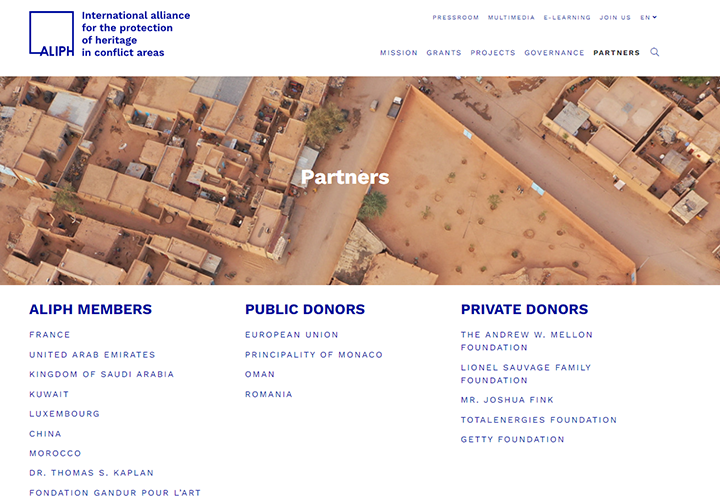 СРЕДИ СПОНСОРОВ ALIPH – ФРАНЦИЯ, ЛЮКСЕМБУРГ, ЕС, МОНАКО И АМЕРИКАНСКИЕ "ФИЛАНТРОПЫ". СКРИНШОТ СТРАНИЦЫ САЙТА ALIPH-FOUNDATION.ORG