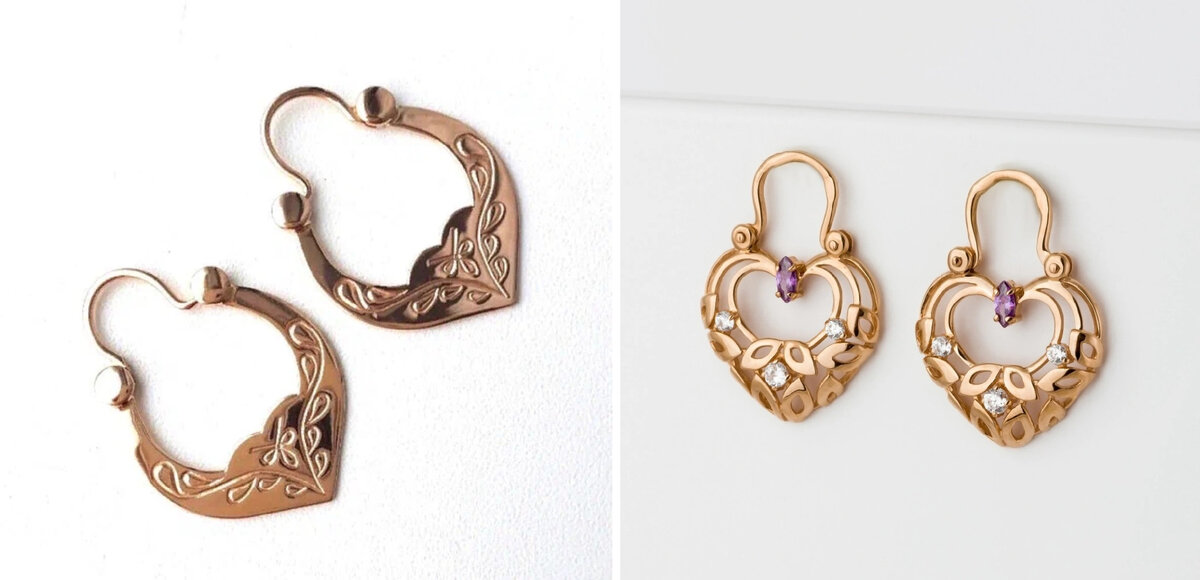 Слева - «Сударушки» 1989г Кишинёвский Ювелирный завод СССР; справа - серьги с фианитами из красного золота 000-249719 на ourgold.ru