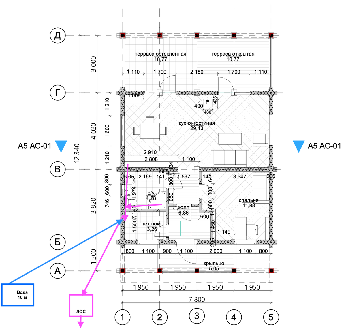 Синие стрелки - вода, красные - канализация.