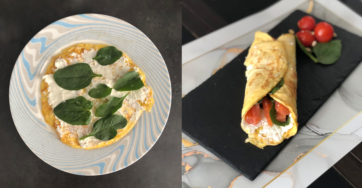 Яичный ролл с лососем, творожным сыром, шпиантом и черри