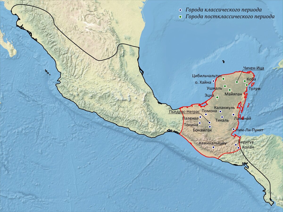 Карта наиболее важных памятников культуры майя.