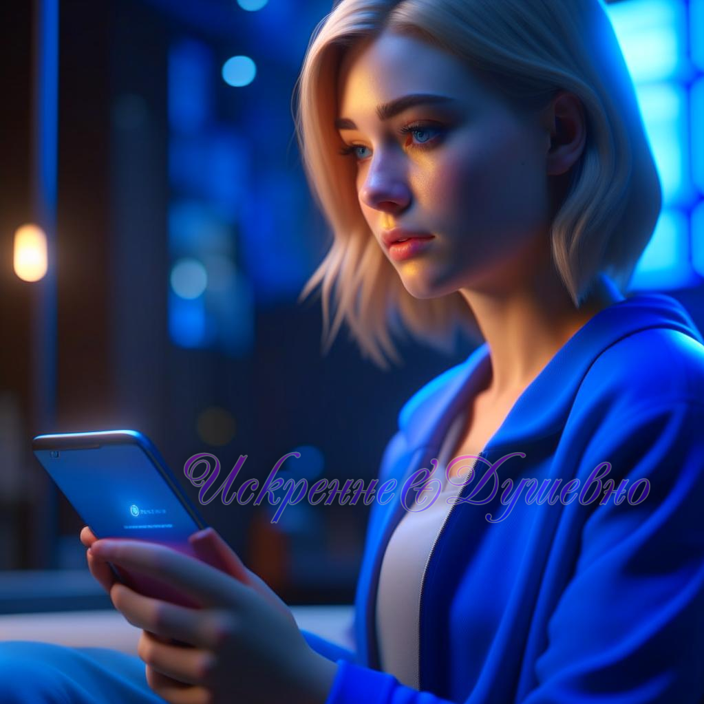 Девушка блондинка с телефоном в руках. картинка автора. сгенерировано нейросетью