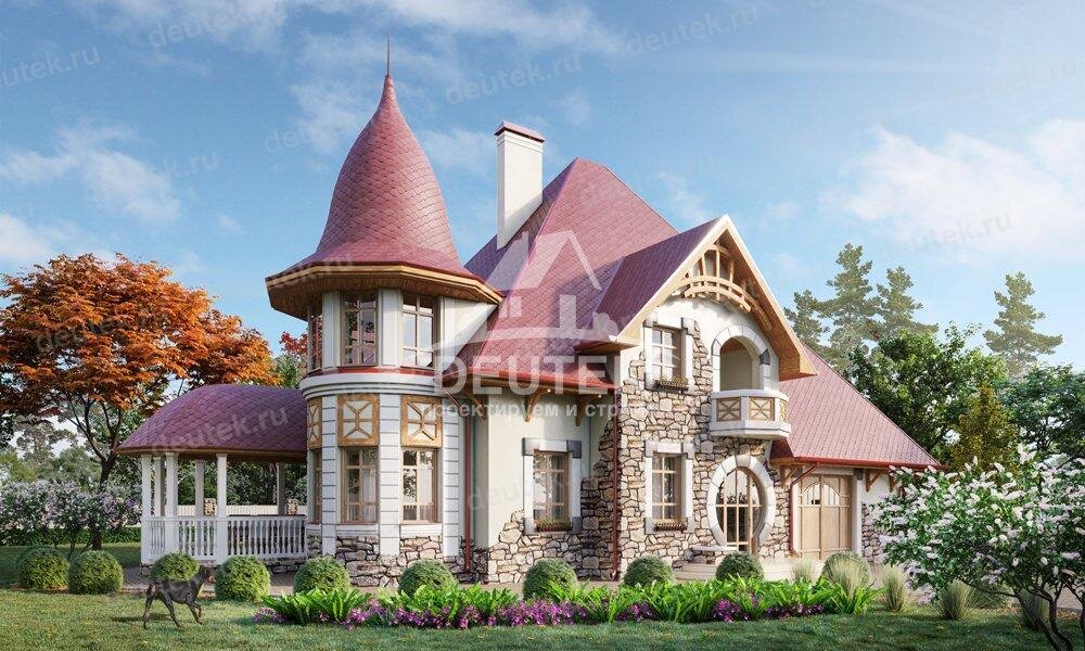 Проект дома 190 м2 из газобетона с одноместным гаражом, эркером, кабинетом, балконом и террасой - LK-99