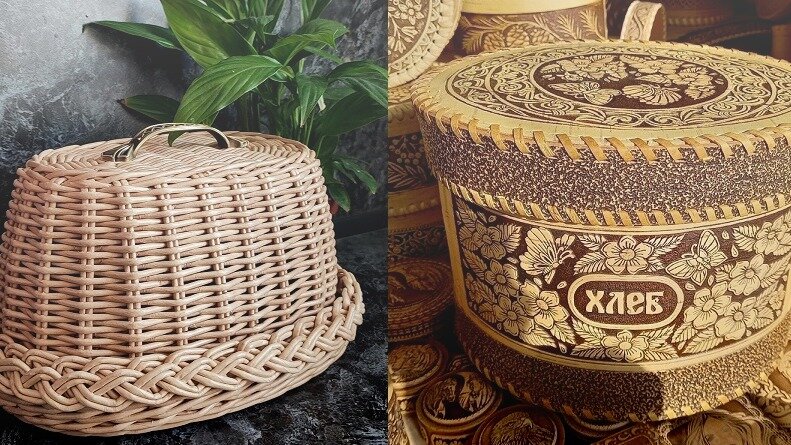 Вот такие хлебницы я приобрела для себя и своей мамы в подарок. Левая из эко-лозы ручной работы, правая из бересты. Они не просто практичные и экологичные, но прекрасно вписываются в любой интерьер кухни. 