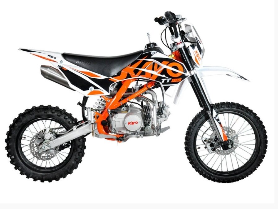 KAYO BASIC TT125EM Цена от 80 тысяч рублей. Он подойдет людям у которых рост больше 155 см. У данного питбайка двигатель YX153FMI, а карбюратор Nibbi pe19. Он подойдет для новичков.