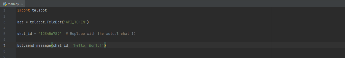 import telebot 
bot = telebot.TeleBot('API_TOKEN')

chat_id = '123456789'  # Replace with the actual chat ID

bot.send_message(chat_id, 'Hello, World!')