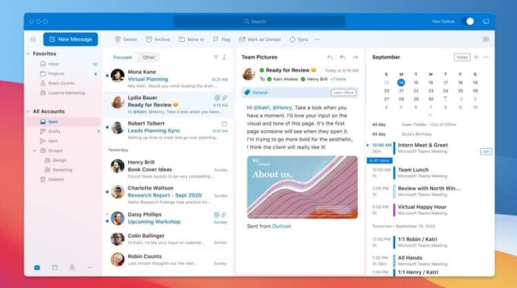    Outlook для Mac выглядит современно и продуманно.