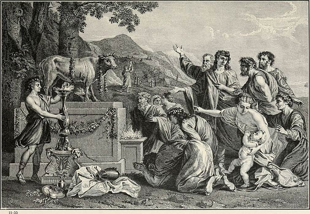 Гравюра «Поклонение золотому тельцу», Париж, нач. XVIII в. Художник Jean-Baptiste de Poilly