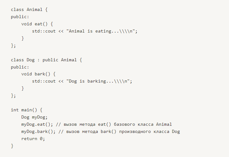 У нас есть базовый класс Animal с методом eat(). Мы хотим создать производный класс Dog, который будет иметь свой собственный метод bark(), но также наследовать метод eat() из базового класса. Мы объявляем класс Dog как производный от класса Animal с помощью ключевого слова public. Это означает, что все свойства и методы базового класса Animal становятся открытыми для производного класса Dog, и мы можем обращаться к ним из любой точки программы. 
В функции main() мы создаем объект класса Dog и вызываем его методы eat() и bark(). Поскольку класс Dog является производным от класса Animal, у него есть доступ к методу eat() базового класса Animal.