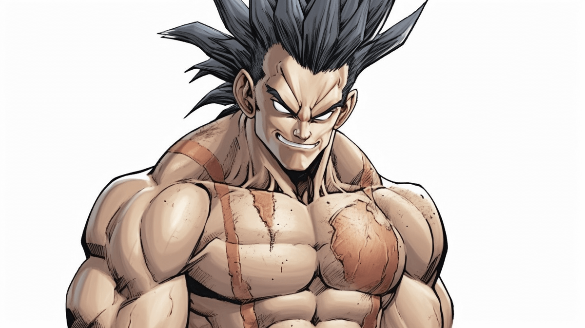 Подсказка: Draw a muscular fighter with spiky hair and a penchant for martial arts.