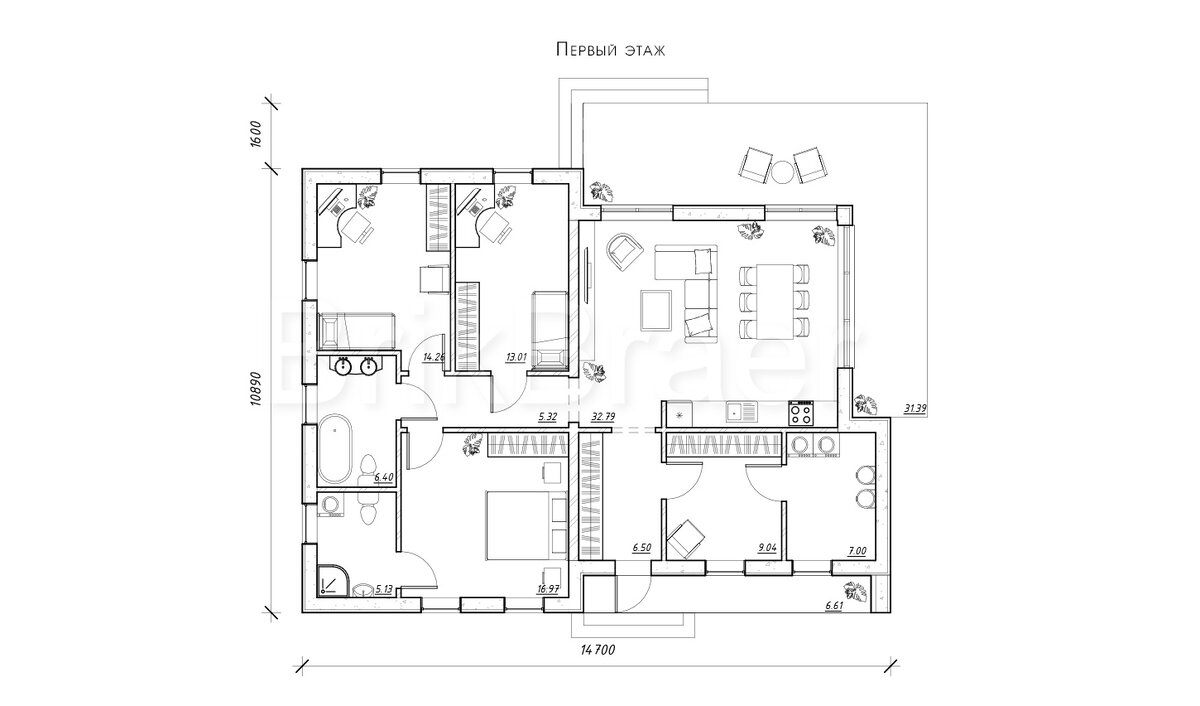 Проект одноэтажного дома с тремя эркерами Arplans.ru - проекты домов Дзен