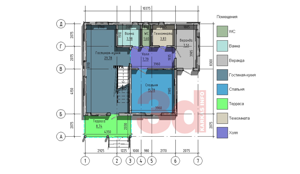 План первого этажа каркасного дома КД-104 © Владимир Пустоход, 2020