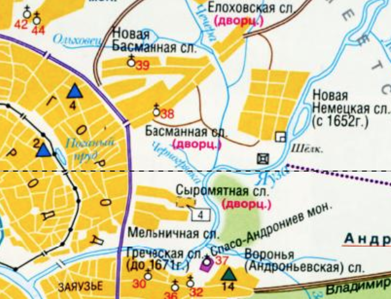 Басманная слобода на восстановленной карте Москвы 1650 года. С сайта www.retromap.ru.