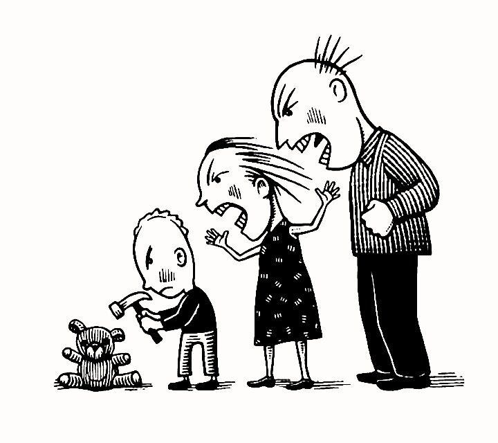 Смещение в семье: отец кричит на мать, мать кричит на ребенка, ребенок бъет игрушку. 