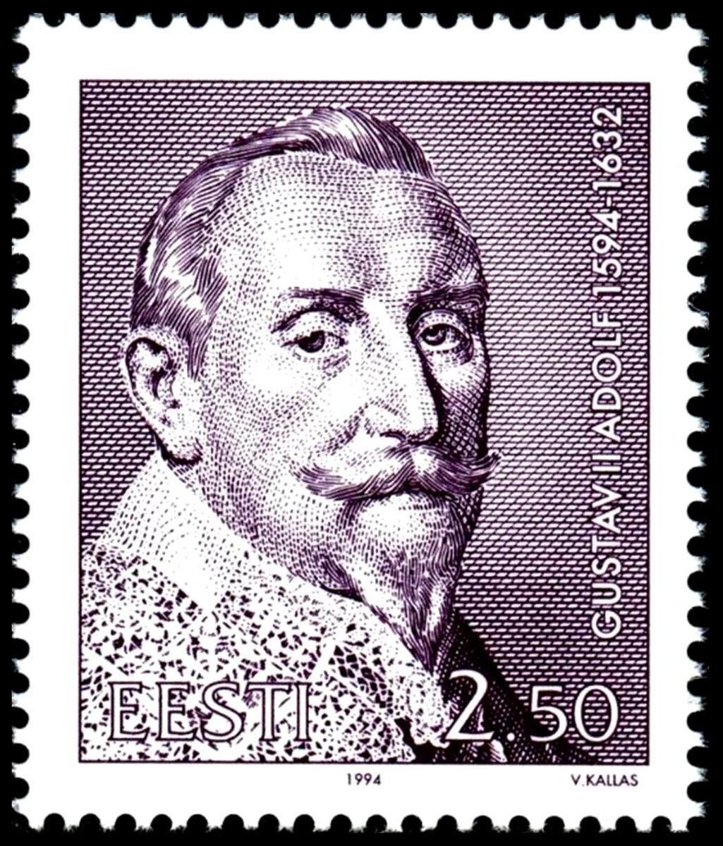 400 лет со дня рождения Густава II Адольфа, короля Швеции. Гравюра Пауля Понция с картины Антониса ван Дейка. // Эстония, 9 декабря 1994 г. Каталог Michel: №243 