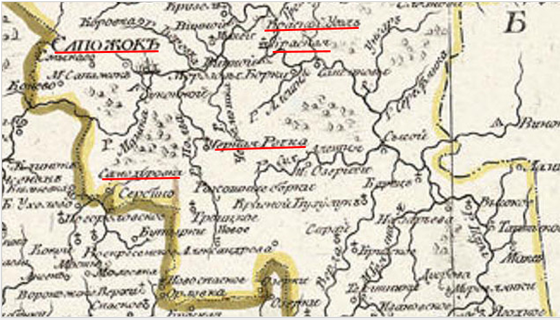 Фрагмент карты Сапожковского уезда 1800 года.