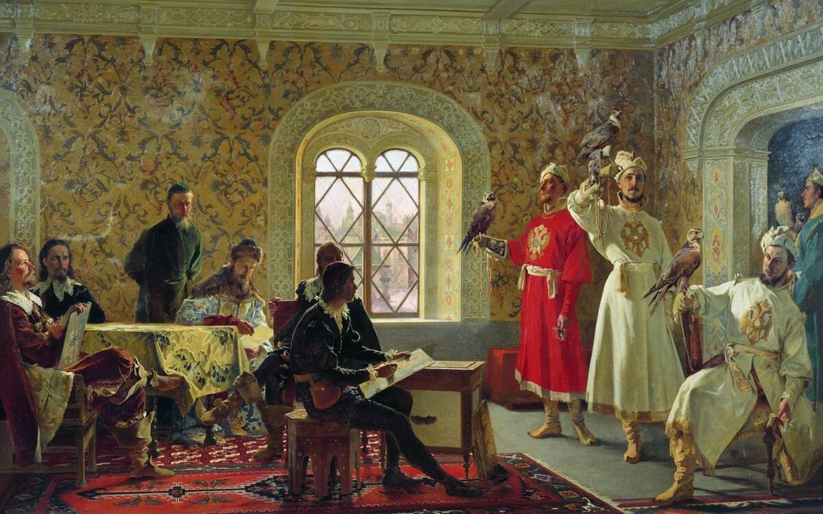 "Итальянский посланник Кальвуччи зарисовывает любимых соколов царя Алексея Михайловича", А.Д. Литовченко, 1889. Харьковский художественный музей.