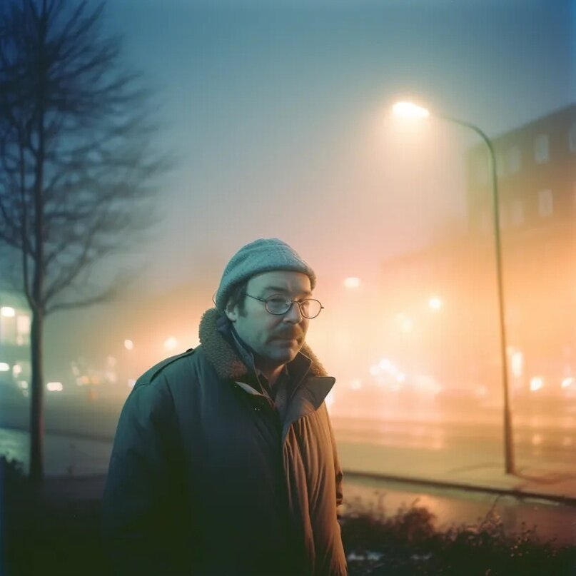 retro style photo of a man, shot on agfa vista 200. foggy evening --v 5