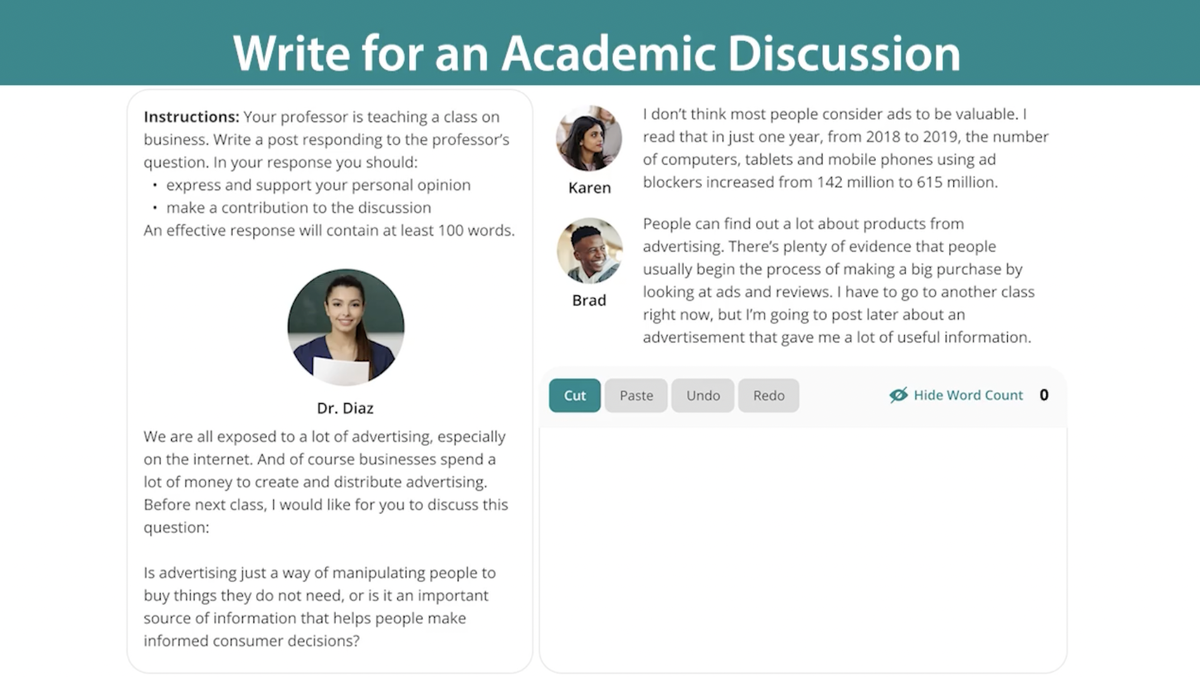 Этот пример представляет собой дискуссию на бизнес-занятии о рекламе. 