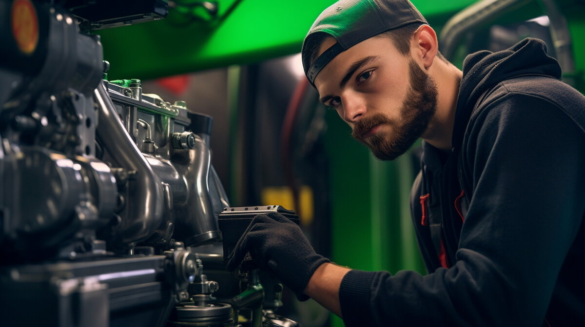 Мастер производит осмотр двигателя.