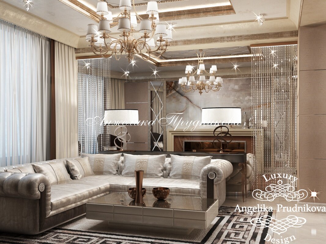 На фото: Бежевая комната с хрустальными шторами в КП «Гринфилд»