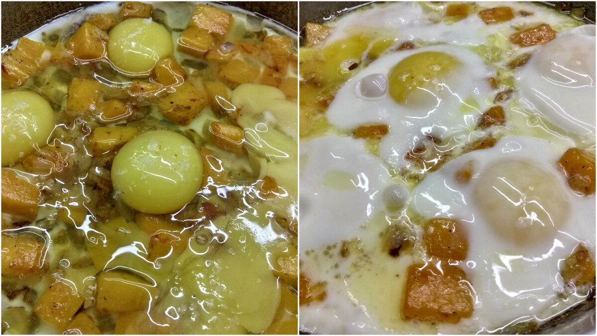 Я люблю "слепую" яичницу с жидким белком - снимаю как только желтки "слепнут".