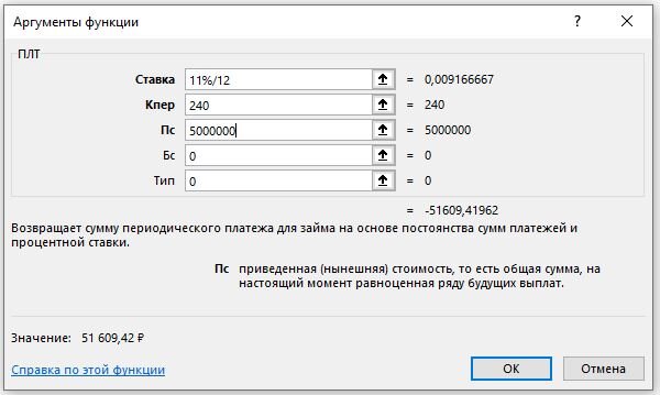 Диалоговое окно Excel. Аргументы функции ПЛТ