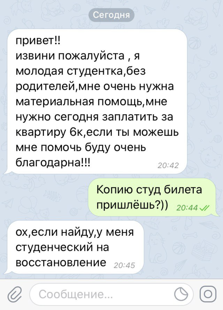 Это произошло буквально вчера. Постучалась мне в телеграм очередная "бедная студентка". 