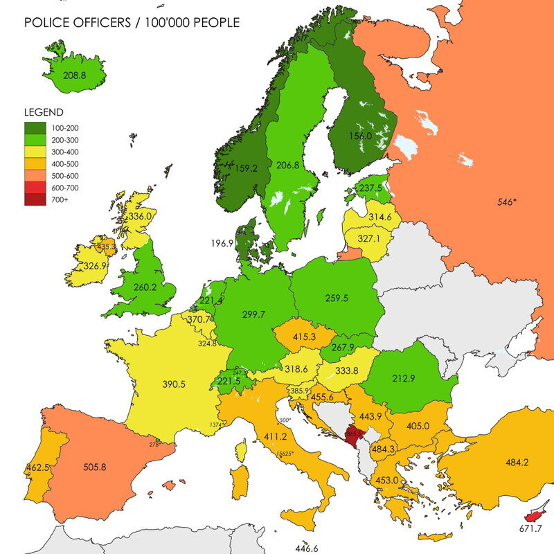 Число полицейских на душу населения в Европе 2015 год
