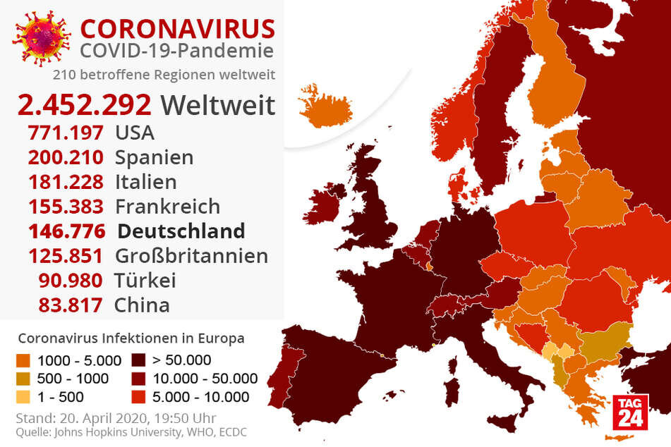 Пандемия COVID-19 в мире. США, Испания, Италия, Франция, Германия, Великобритания, Турция, Китай. Источник: Университет Джонса Хопкинса, 20.04, 19:50.