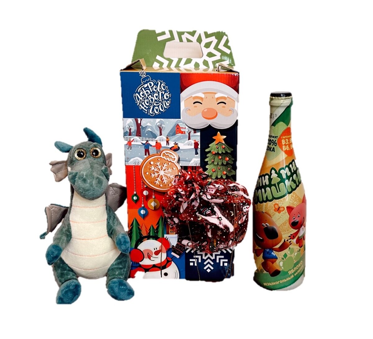 Новогодний детский подарок конфеты, игрушка и детское шампанское
