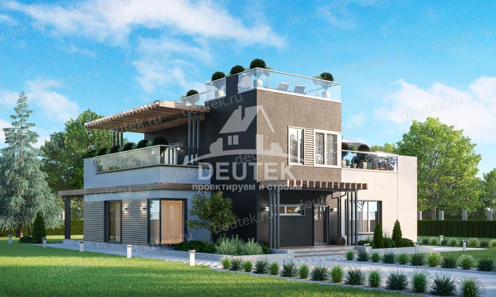 Проект двухэтажного дома 317 м2 в стиле хай-тек с террасами на втором этаже и на крыше - LK-88