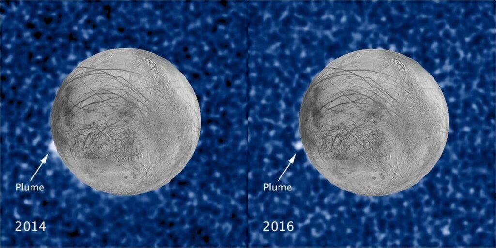 Снимки гейзеров на Европе с телескопа Хаббл. Источник: NASA.