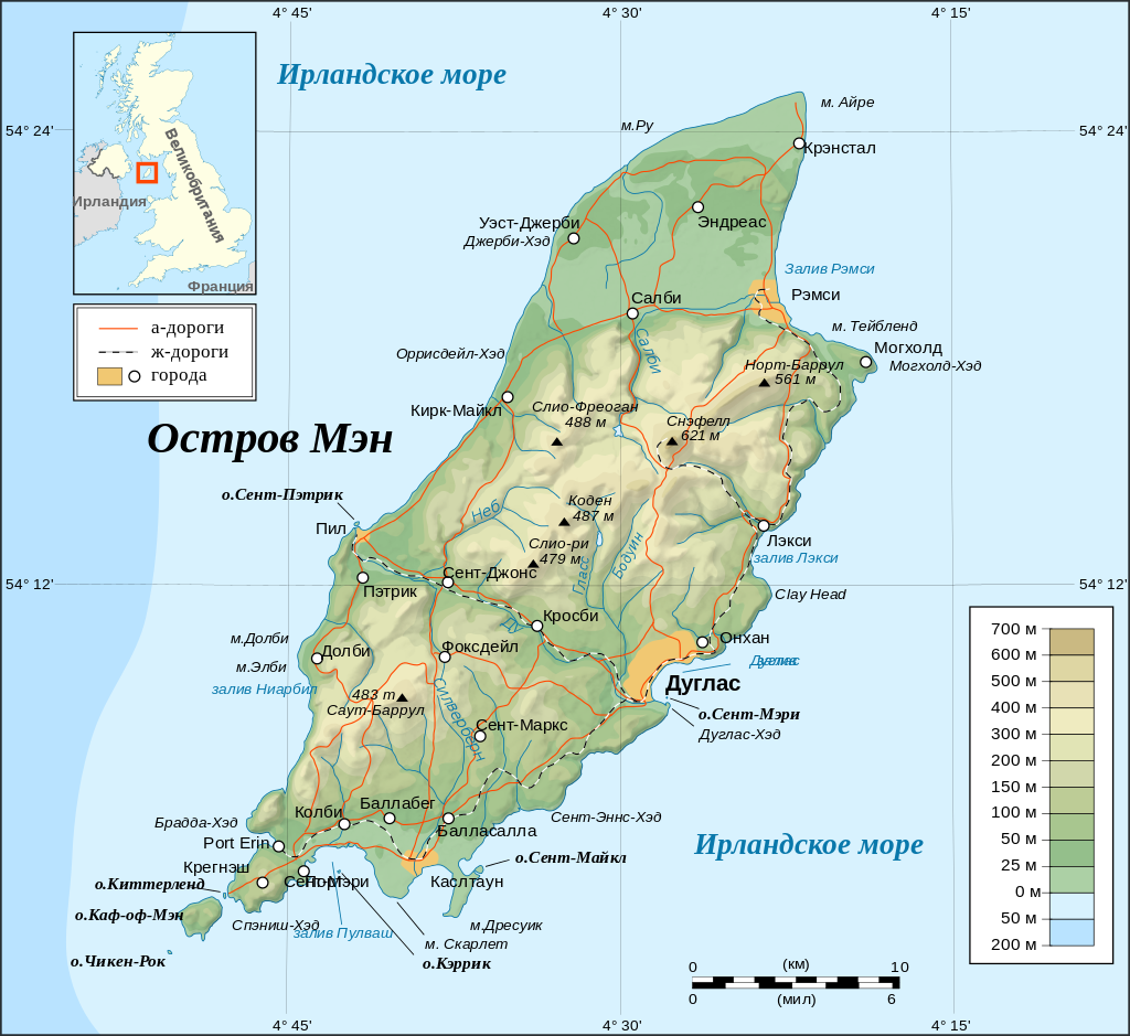 Остров Мэн расположен в Ирландском море примерно на одинаковом расстоянии от Англии, Ирландии, Шотландии и Уэльса